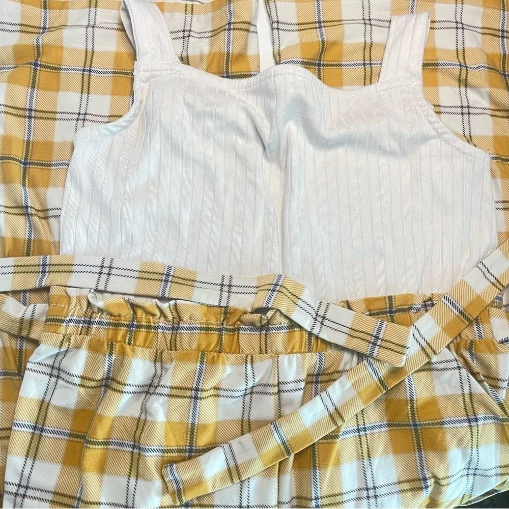 No Comment Girls 16 XXL White and Yellow Plaid Jumpsuit Hemmed Straps PRELOVED - Picture 2 of 8